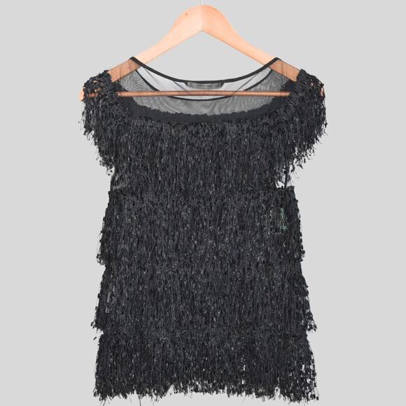 ZARA Basics Women's Tiered Fringe Mesh Top Black Size XS - Picture 2 of 8